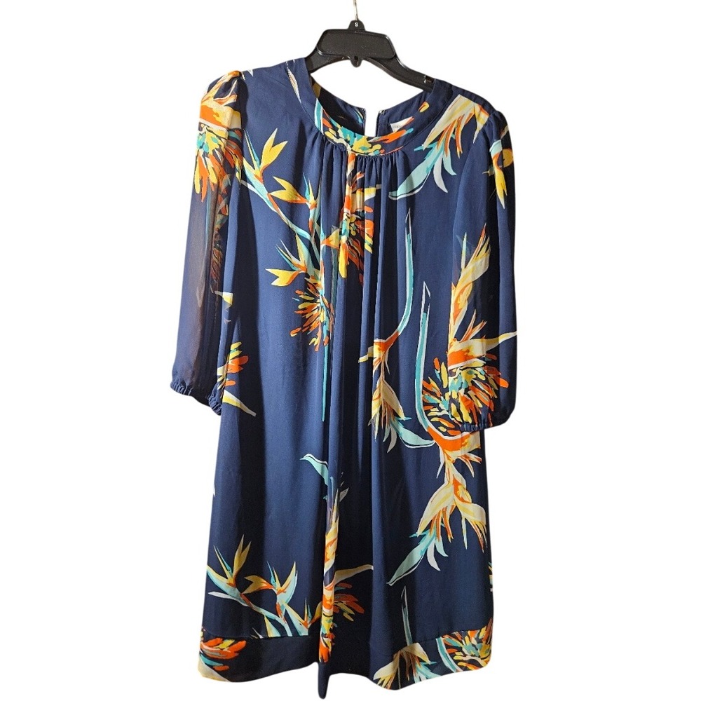 Eva Mendes New York & Company Tropical Floral Shift Dress Navy Blue Medium